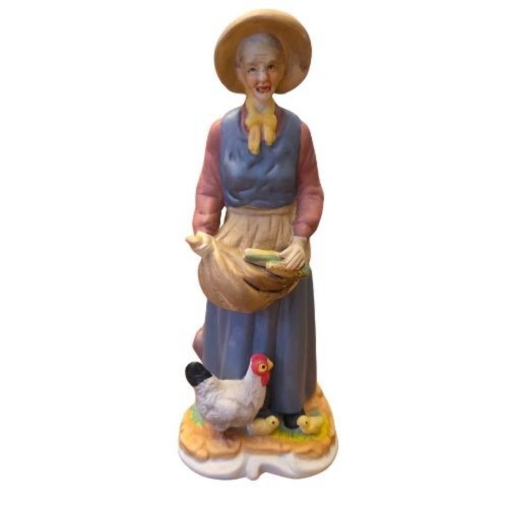 Vintage 7.5" Ceramic Farm Woman Figurine‎ Chickens Corn Harvest Rustic Decor Box